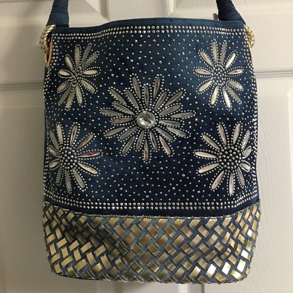 Denim & Rhinestone Floral Handbag - Large Size New